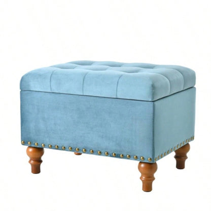 Square velvet upholstered Ottoman with storage space, hidden support hinges with easy to open top, rivets trim around Light Blue
