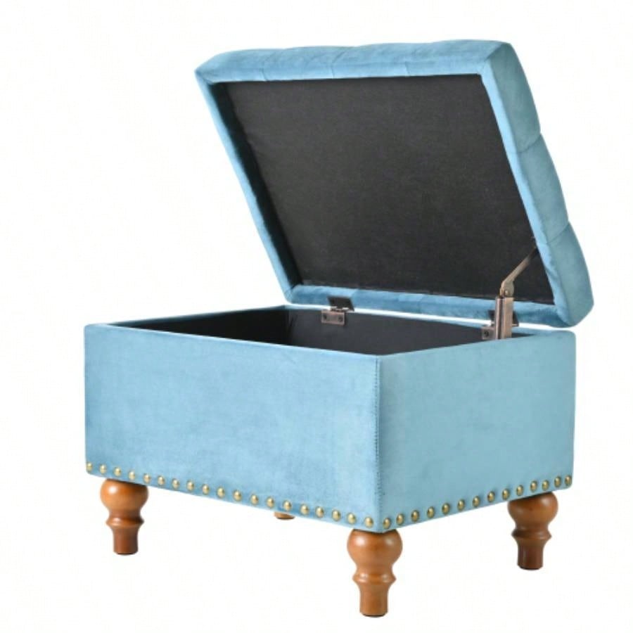 Square velvet upholstered Ottoman with storage space, hidden support hinges with easy to open top, rivets trim around Light Blue