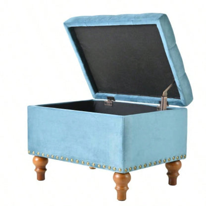 Square velvet upholstered Ottoman with storage space, hidden support hinges with easy to open top, rivets trim around Light Blue