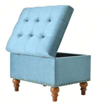Square velvet upholstered Ottoman with storage space, hidden support hinges with easy to open top, rivets trim around Light Blue