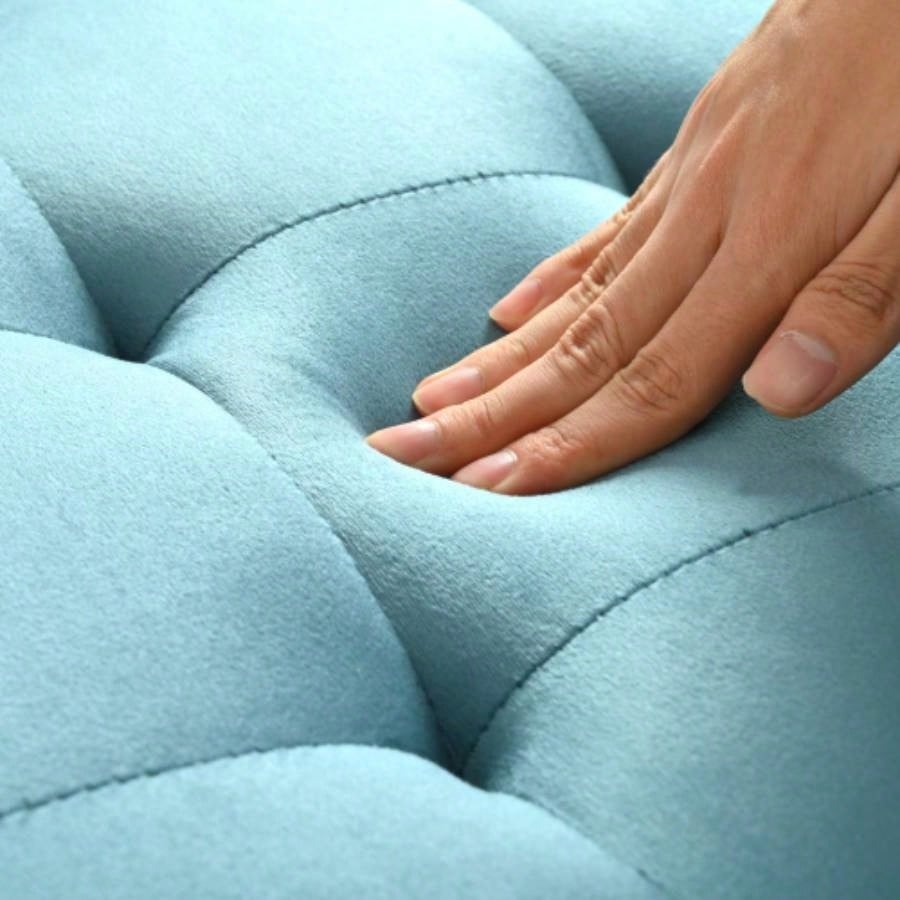 Square velvet upholstered Ottoman with storage space, hidden support hinges with easy to open top, rivets trim around Light Blue