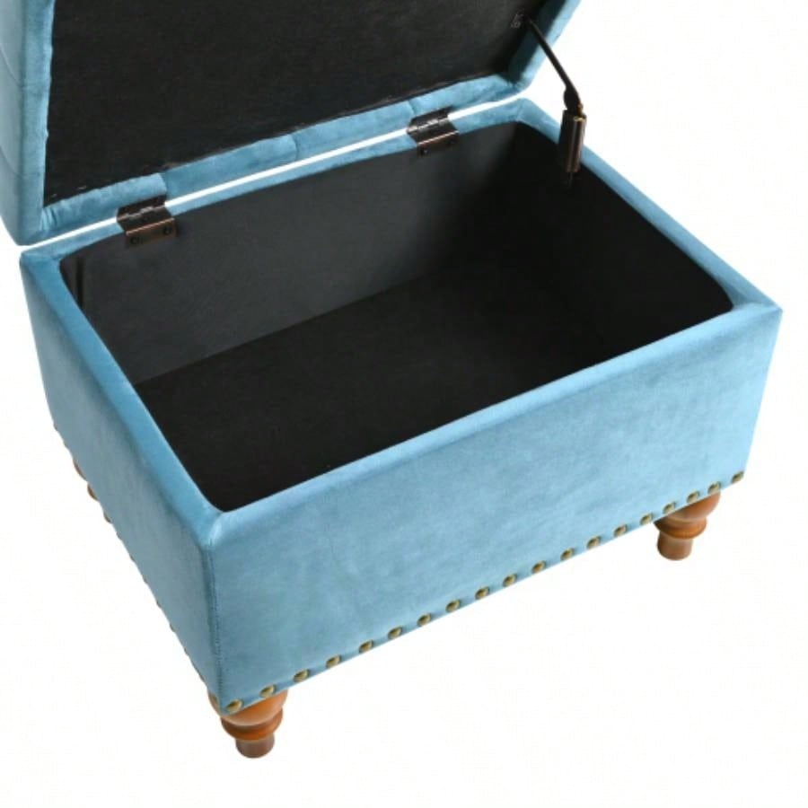 Square velvet upholstered Ottoman with storage space, hidden support hinges with easy to open top, rivets trim around Light Blue
