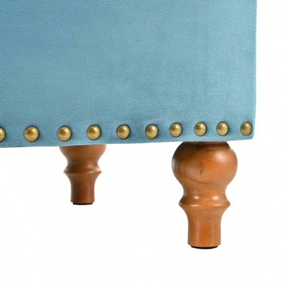 Square velvet upholstered Ottoman with storage space, hidden support hinges with easy to open top, rivets trim around Light Blue