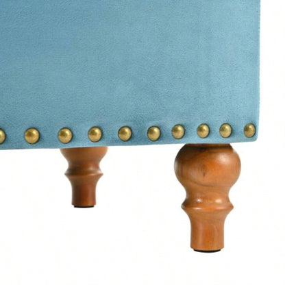 Square velvet upholstered Ottoman with storage space, hidden support hinges with easy to open top, rivets trim around Light Blue