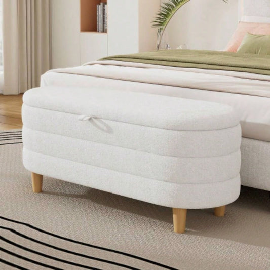 Elegant Upholstered Sherpa Fabric Storage Ottoman with Wood, Storage Bedroom, Living Room, White