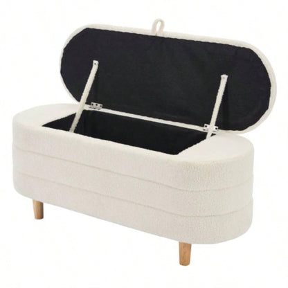 Elegant Upholstered Sherpa Fabric Storage Ottoman with Wood, Storage Bedroom, Living Room, White