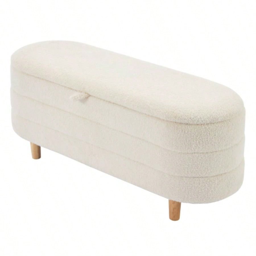 Elegant Upholstered Sherpa Fabric Storage Ottoman with Wood, Storage Bedroom, Living Room, White