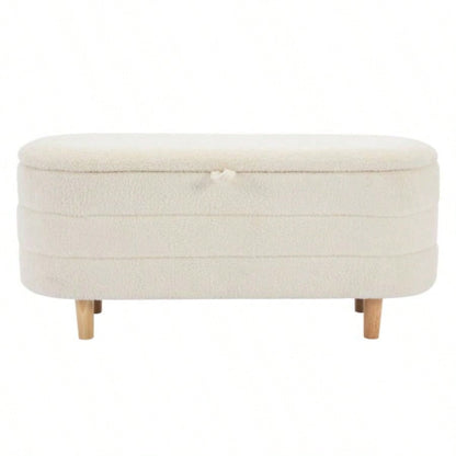 Elegant Upholstered Sherpa Fabric Storage Ottoman with Wood, Storage Bedroom, Living Room, White