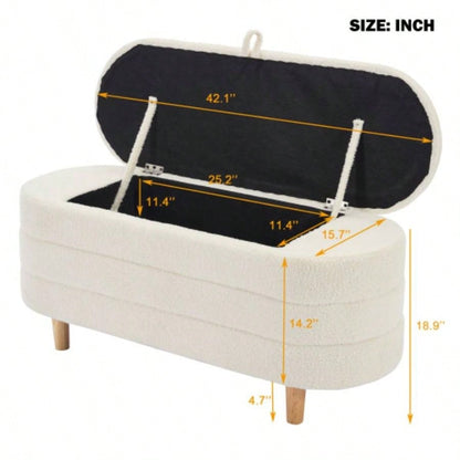 Elegant Upholstered Sherpa Fabric Storage Ottoman with Wood, Storage Bedroom, Living Room, White