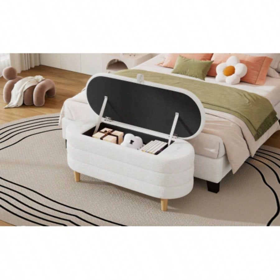Elegant Upholstered Sherpa Fabric Storage Ottoman with Wood, Storage Bedroom, Living Room, White