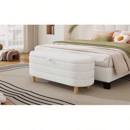 Elegant Upholstered Sherpa Fabric Storage Ottoman with Wood, Storage Bedroom, Living Room, White