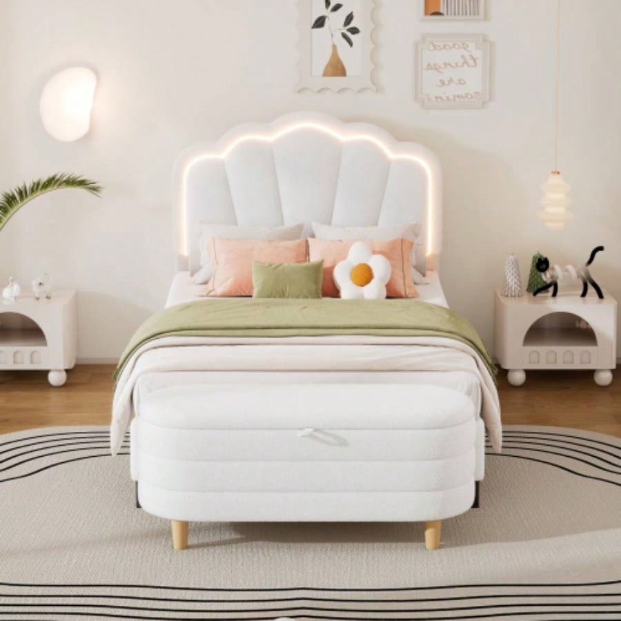 Elegant Upholstered Sherpa Fabric Storage Ottoman with Wood, Storage Bedroom, Living Room, White