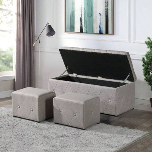 1 Piece Rectangular Storage Ottoman Fabric Linen with 2 Set Ottomans Beige