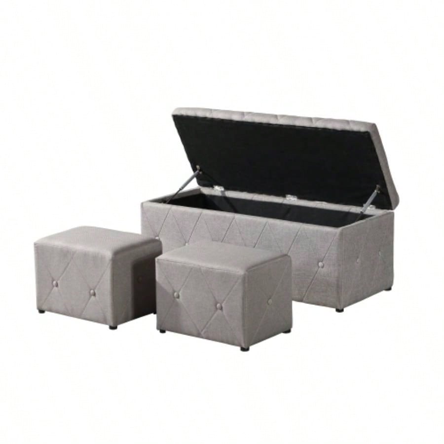1 Piece Rectangular Storage Ottoman Fabric Linen with 2 Set Ottomans Beige