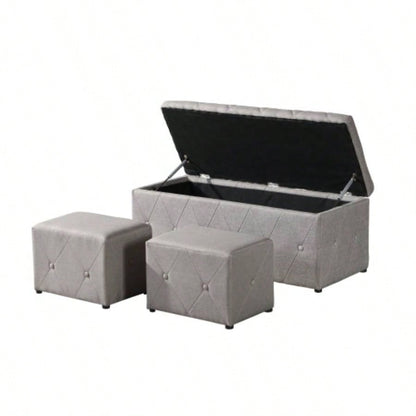1 Piece Rectangular Storage Ottoman Fabric Linen with 2 Set Ottomans Beige