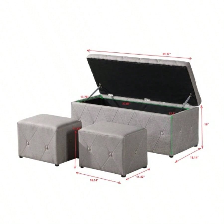 1 Piece Rectangular Storage Ottoman Fabric Linen with 2 Set Ottomans Beige