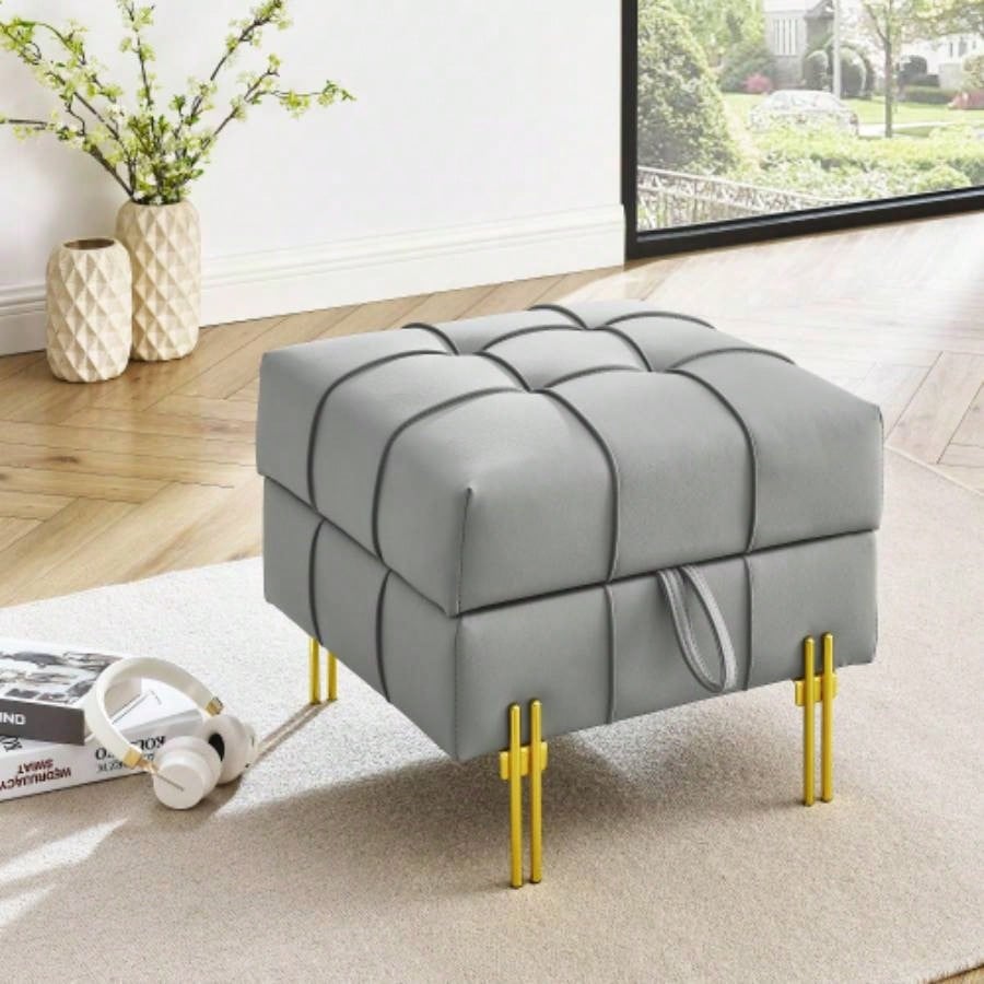 22 inches Anti - scratch Leather Storage Ottoman, Pet Friendly Entryway with Golden Stainless Steel, Gray