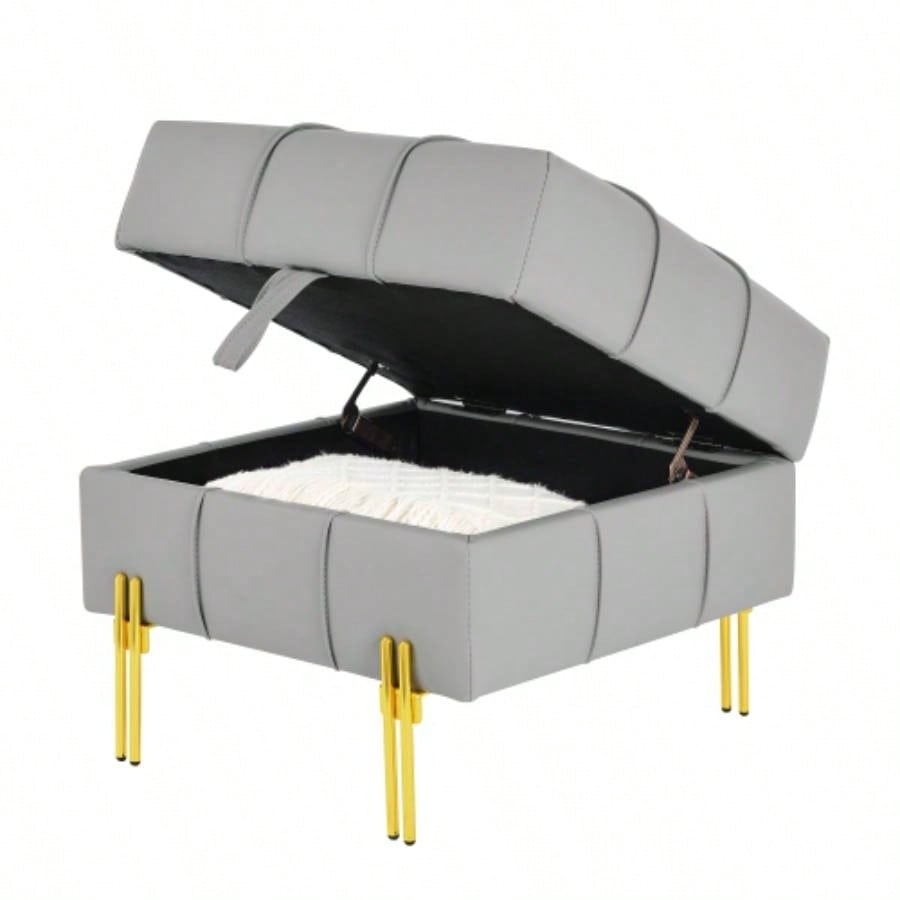 22 inches Anti - scratch Leather Storage Ottoman, Pet Friendly Entryway with Golden Stainless Steel, Gray