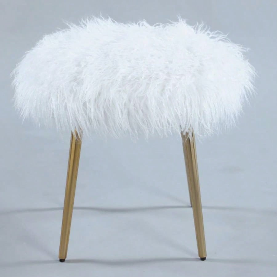 Ravni Faux Fur Accent Ottoman with Gold