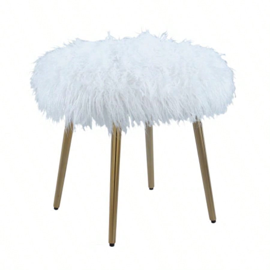 Ravni Faux Fur Accent Ottoman with Gold