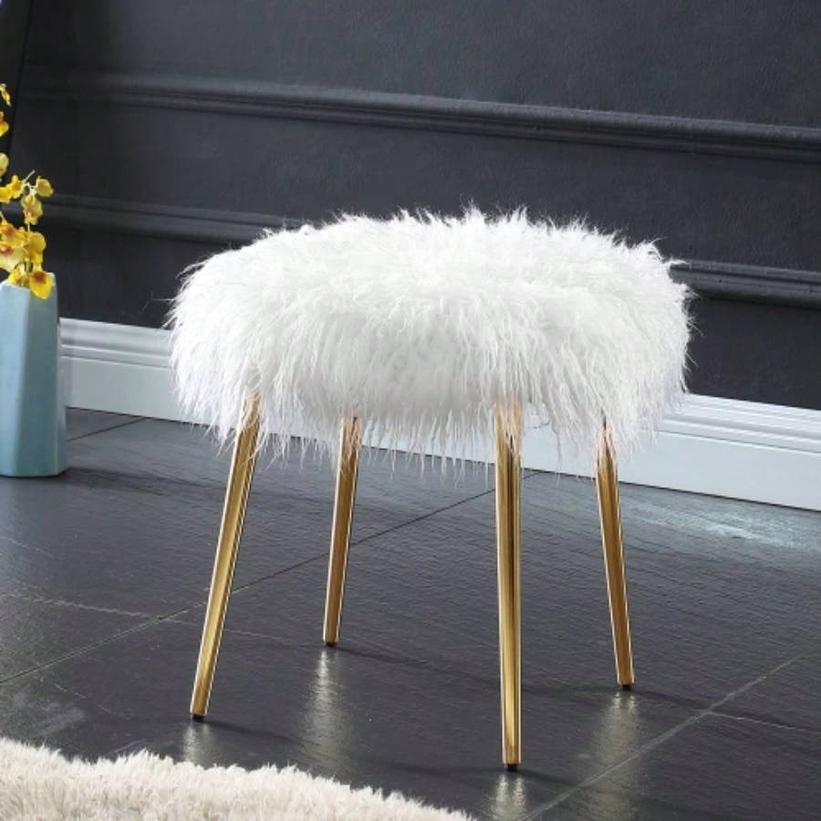 Ravni Faux Fur Accent Ottoman with Gold