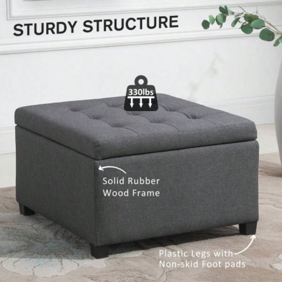 HOMCOM Fabric Tufted Storage Ottoman with Flip Top Lid, Metal Hinge and Stable Eucalyptus Wood Frame Living Room, Entryway, or Bedroom,