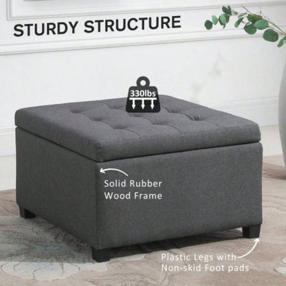 HOMCOM Fabric Tufted Storage Ottoman with Flip Top Lid, Metal Hinge and Stable Eucalyptus Wood Frame Living Room, Entryway, or Bedroom,