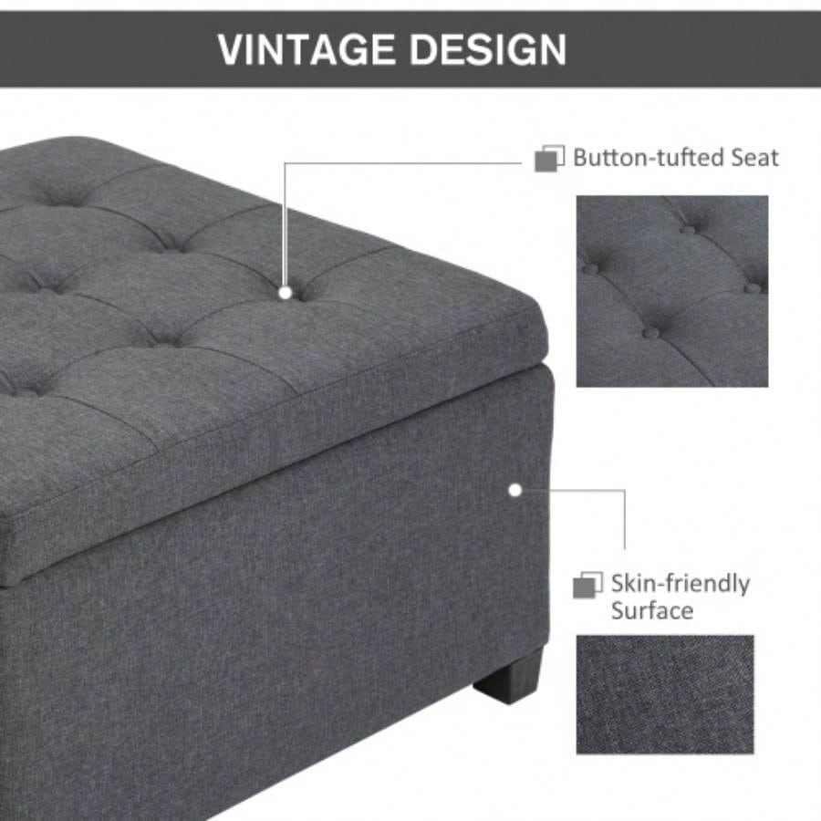 HOMCOM Fabric Tufted Storage Ottoman with Flip Top Lid, Metal Hinge and Stable Eucalyptus Wood Frame Living Room, Entryway, or Bedroom,