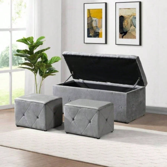 1 Piece Rectangular Storage Ottoman Short velvet with 2 Set Ottomans Light Gray