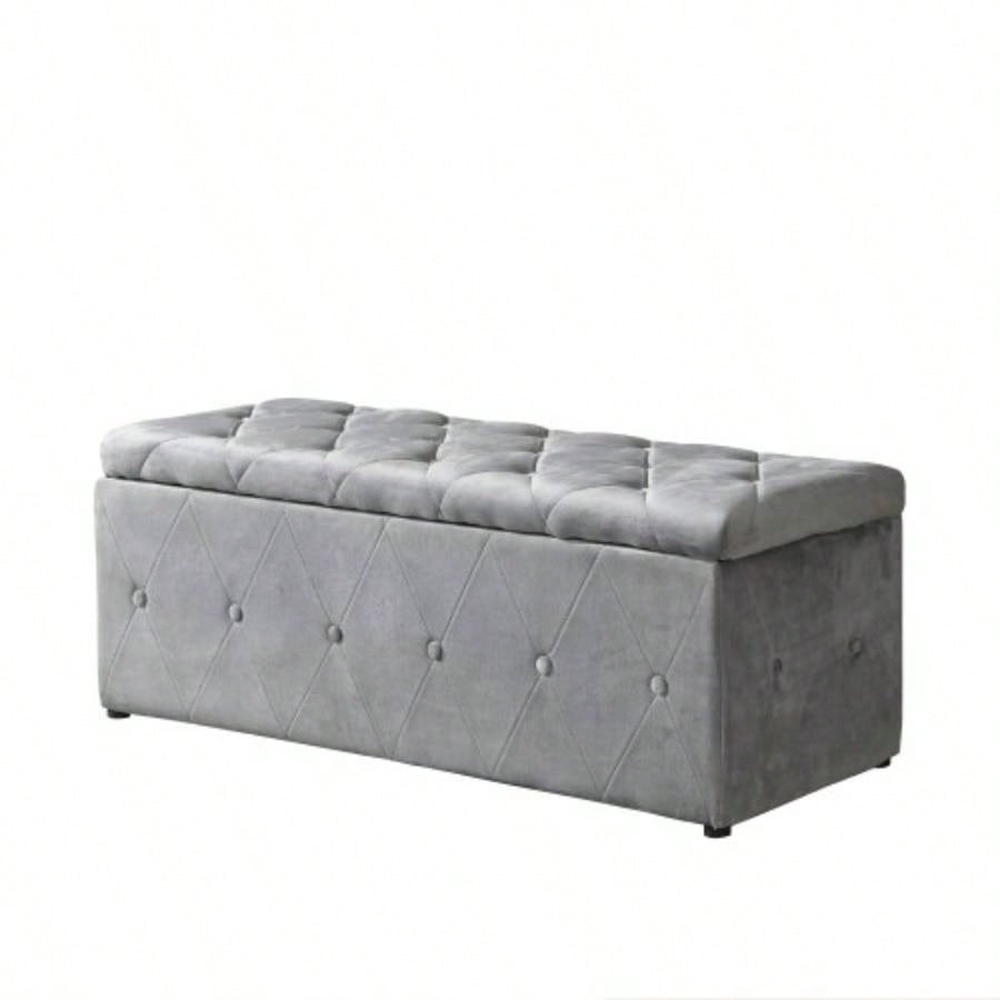 1 Piece Rectangular Storage Ottoman Short velvet with 2 Set Ottomans Light Gray