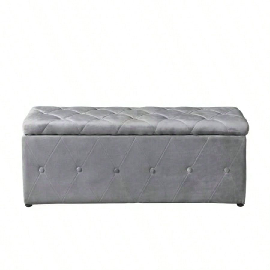 1 Piece Rectangular Storage Ottoman Short velvet with 2 Set Ottomans Light Gray