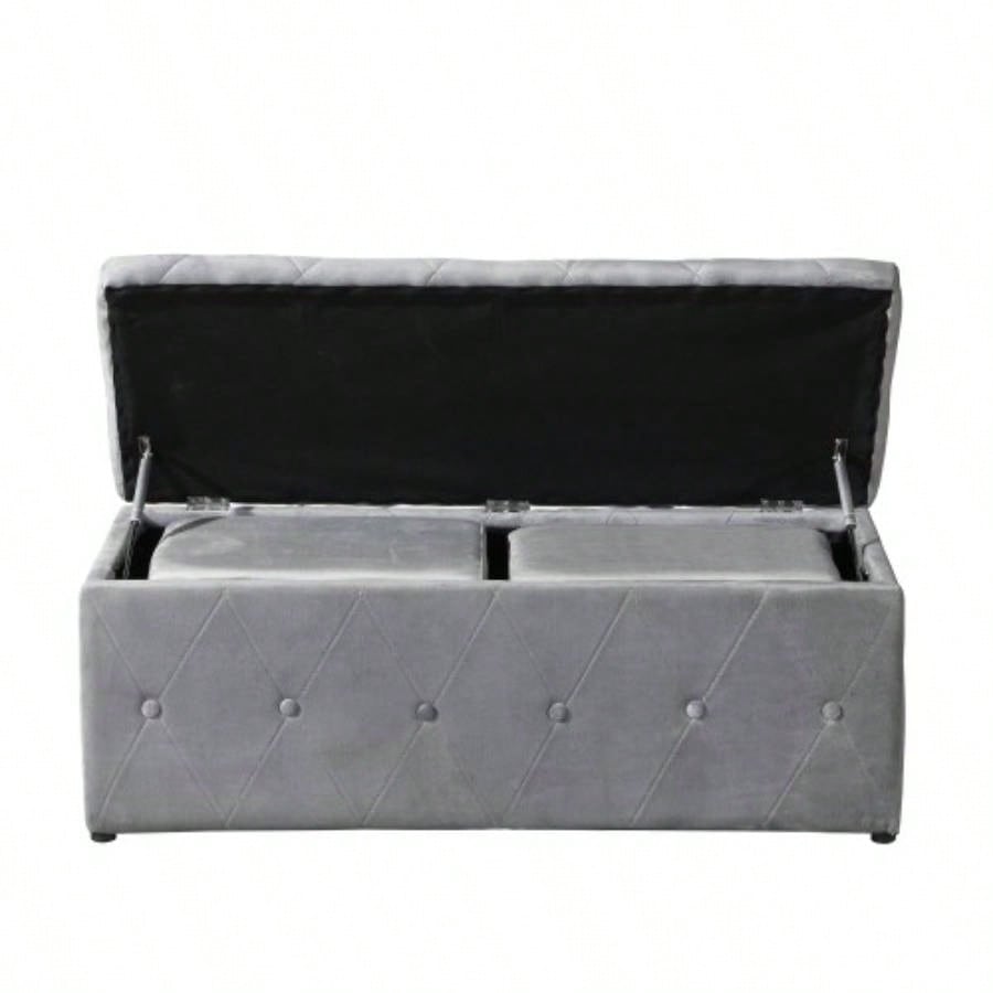 1 Piece Rectangular Storage Ottoman Short velvet with 2 Set Ottomans Light Gray