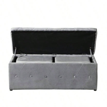 1 Piece Rectangular Storage Ottoman Short velvet with 2 Set Ottomans Light Gray
