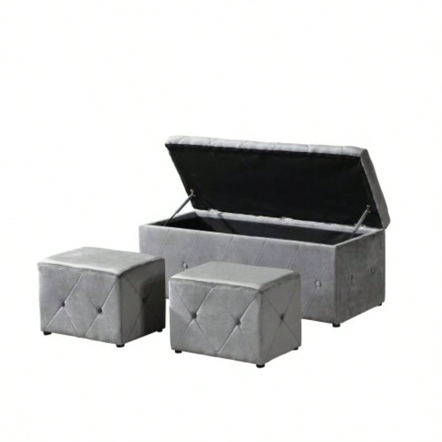 1 Piece Rectangular Storage Ottoman Short velvet with 2 Set Ottomans Light Gray