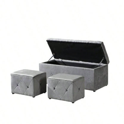 1 Piece Rectangular Storage Ottoman Short velvet with 2 Set Ottomans Light Gray