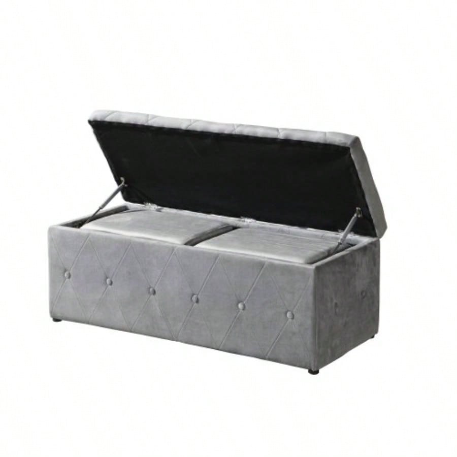 1 Piece Rectangular Storage Ottoman Short velvet with 2 Set Ottomans Light Gray
