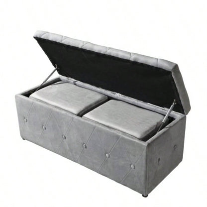 1 Piece Rectangular Storage Ottoman Short velvet with 2 Set Ottomans Light Gray