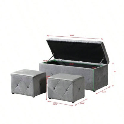 1 Piece Rectangular Storage Ottoman Short velvet with 2 Set Ottomans Light Gray