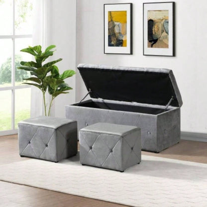1 Piece Rectangular Storage Ottoman Short velvet with 2 Set Ottomans Light Gray