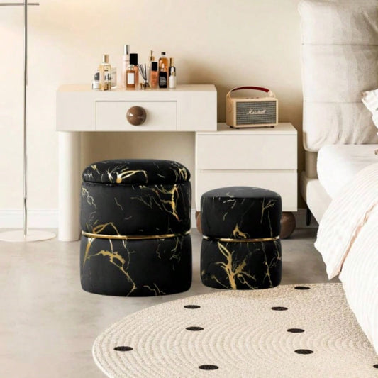 Round Ottoman Set of 2 with Storage, Upholstered Sherpa Vanity Stool Makeup, Multifunctional Ottomans with Removable Lid, Foot Rest Living Room, Bedroom, Black