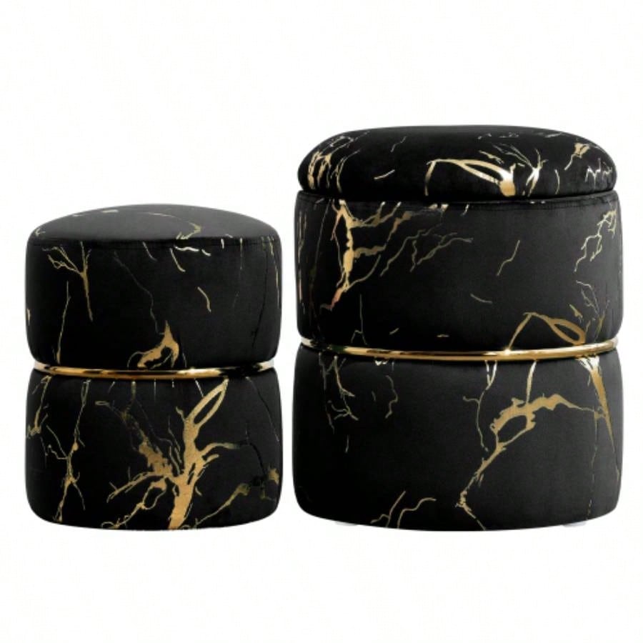 Round Ottoman Set of 2 with Storage, Upholstered Sherpa Vanity Stool Makeup, Multifunctional Ottomans with Removable Lid, Foot Rest Living Room, Bedroom, Black