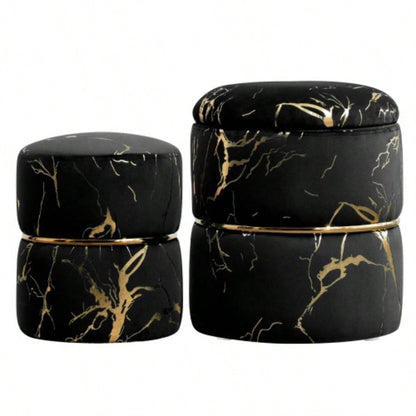 Round Ottoman Set of 2 with Storage, Upholstered Sherpa Vanity Stool Makeup, Multifunctional Ottomans with Removable Lid, Foot Rest Living Room, Bedroom, Black