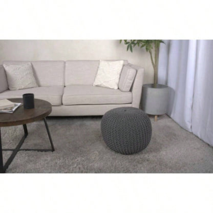 Knitted Cotton Round Pouf, Gray