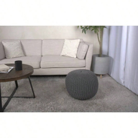 Knitted Cotton Round Pouf, Gray