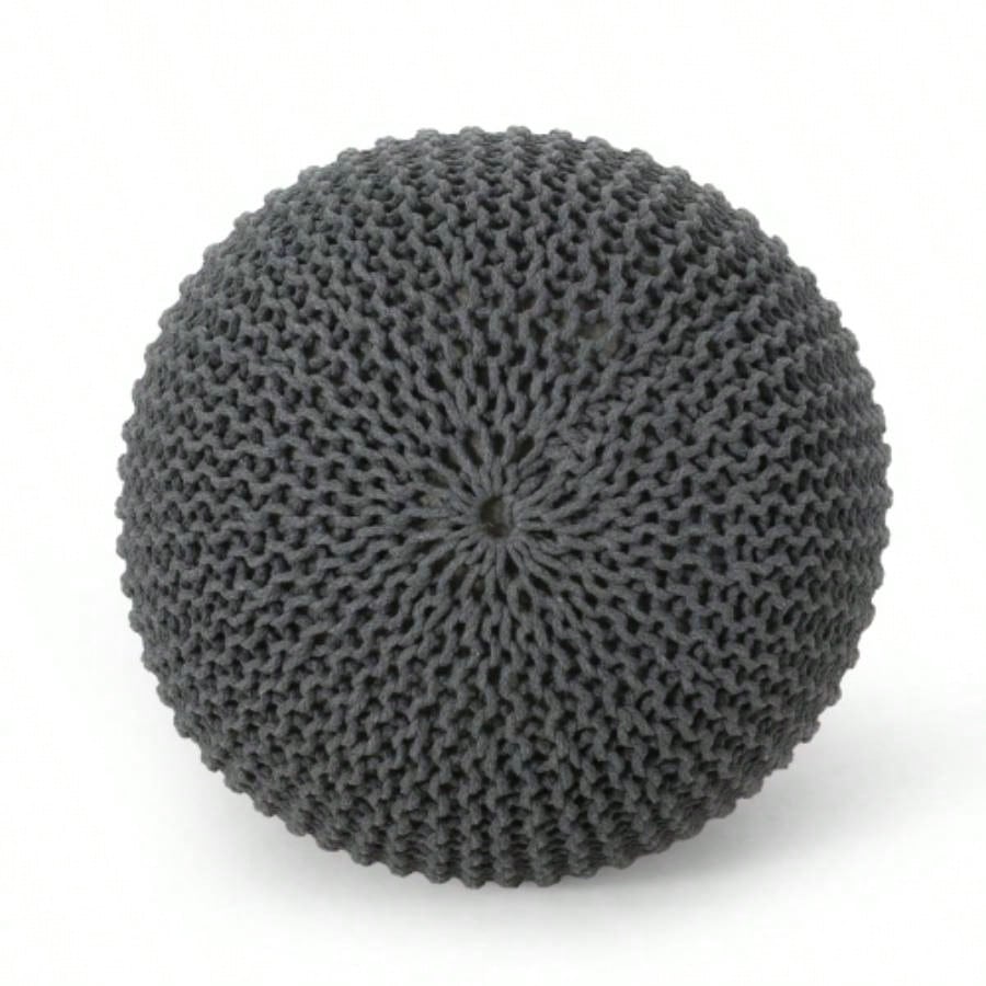 Knitted Cotton Round Pouf, Gray