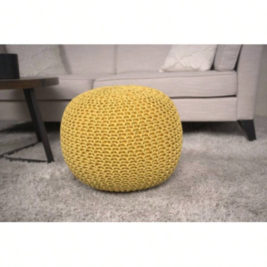 Knitted Cotton Round Pouf, Gray