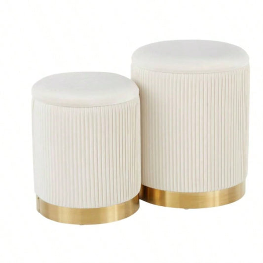 Marla Contemporary Nesting Pleated Ottoman Set in Gold Metal and Velvet by LumiSource