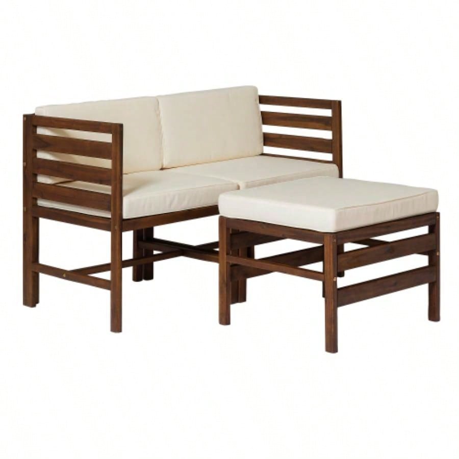 Contemporary 3 - Piece Modular Acacia Wood Left and Right Arm Chairs and Ottoman - Dark Brown