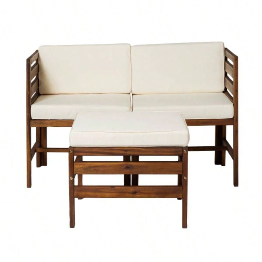 Contemporary 3 - Piece Modular Acacia Wood Left and Right Arm Chairs and Ottoman - Dark Brown