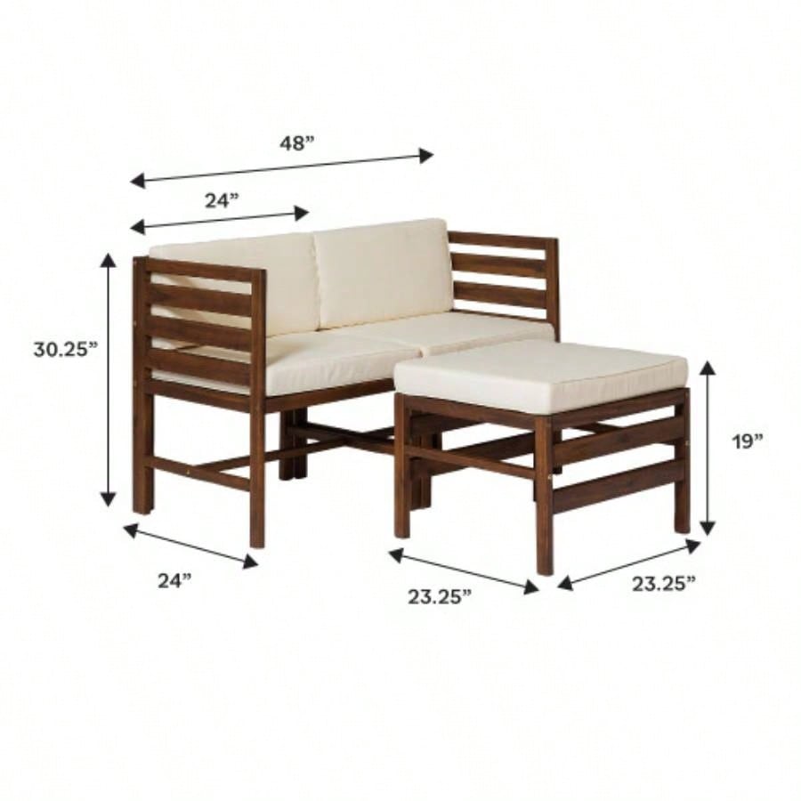 Contemporary 3 - Piece Modular Acacia Wood Left and Right Arm Chairs and Ottoman - Dark Brown
